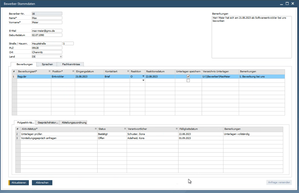 Darstellung Folgeaktivitäten