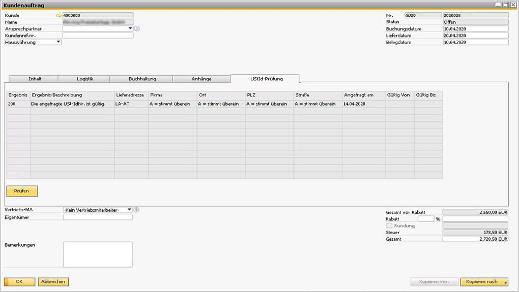 Check VAT ID directly via SAP Business One Addon