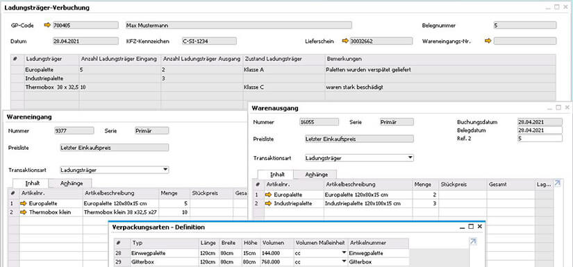 SAP Business One AddOn SIGMA Palettenkonto Screenshot Belege