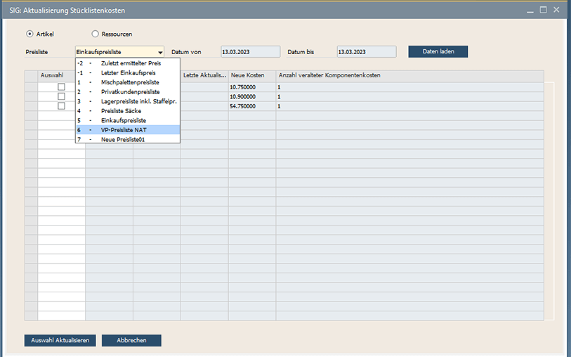 Screenshot Einkaufspreisliste